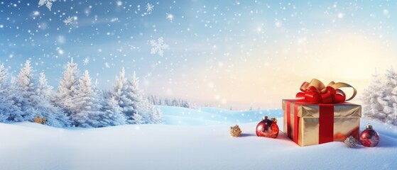 Christmas background. Gift and ball in forest against a blue sky in a snowfall. panorama view. Beautiful Festive Christmas snowy background. copy space.