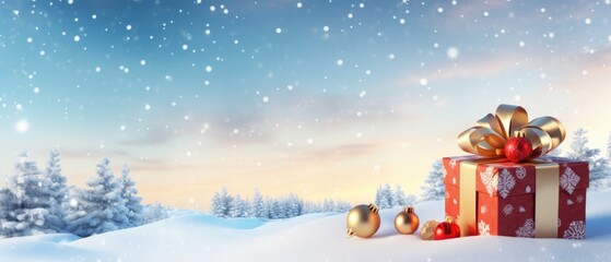 Fototapeta premium Christmas background. Gift and ball in forest against a blue sky in a snowfall. panorama view. Beautiful Festive Christmas snowy background. copy space.