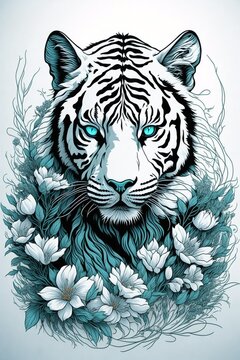 A detailed illustration of vintage tiger head, flowers splash, print, t-shirt design.