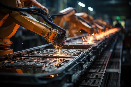 Robot is welding in an industrial factory.