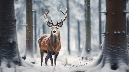 Naklejka na ściany i meble a red deer standing in the woods in the snow, stag in the snow in winter landscape, 
