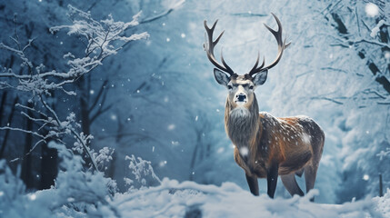 a red deer standing in the woods in the snow, stag in the snow in winter landscape, 