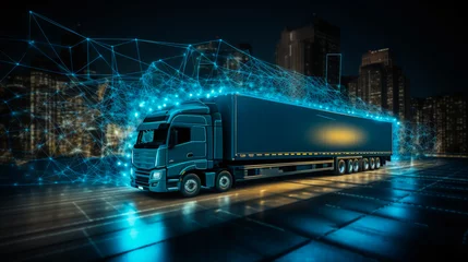 Poster Evening shot of a truck with its GPS tracking system illuminated, showcasing a detailed map. © Hor