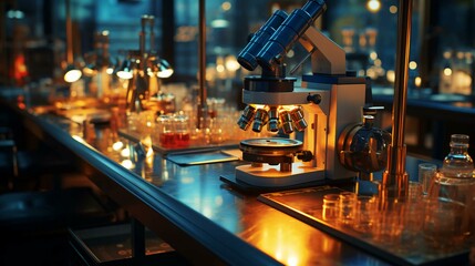 High tech futuristic digital microscope in scientific or medical laboratory for research