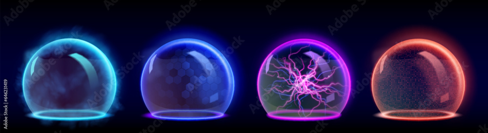 Poster 3d bubble shield with energy and thunder effect. abstract protect sphere dome technology. vector sec