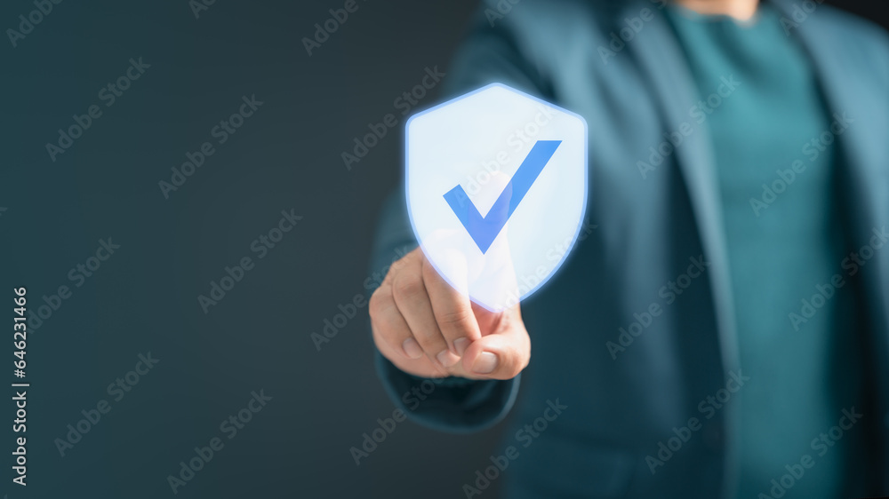 Aufkleber certified warranty approval or secure access system concept. businessman showing on hand identity pr