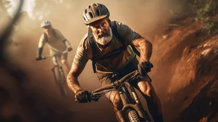 Tuinposter An elderly mountain biker conquering rugged trails with determination and skill © basketman23