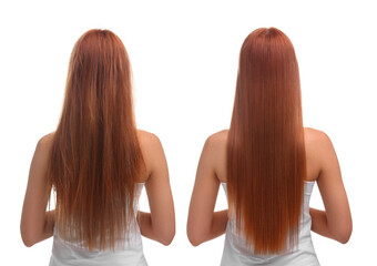 Woman before and after hair treatment on white background, back view. Collage showing damaged and healthy hair