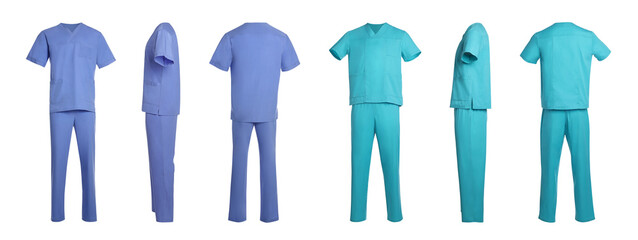 Blue and turquoise medical uniforms isolated on white, collage with back, side and front views - Powered by Adobe
