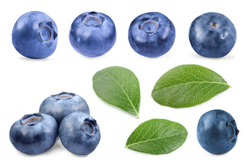 Set with fresh ripe blueberries and green leaves isolated in white