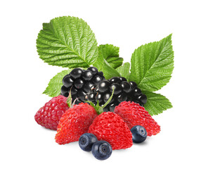 Wild berries. Blackberries, raspberry, strawberries, bilberries and green leaves isolated on white