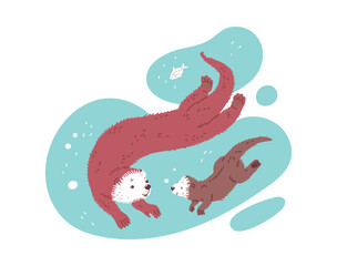 Vector illustration of cute cartoon sea otters family, mother or father and child happily swim in blue water, isolated on white background