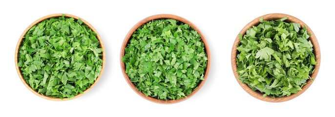 Set with cut parsley in bowls isolated on white, top view
