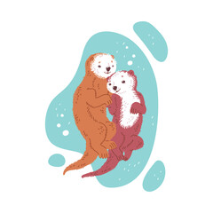Vector illustration of cute cartoon sea otters family, mother and father sea otters are swiming and hugging lovingly in the river and smiles, isolated on white background