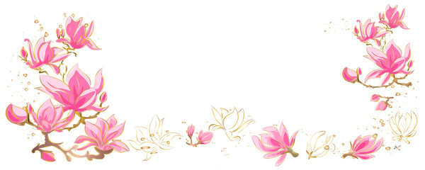 Golden botany banner Japanes. Gold sparkle Splatter background Japanes . Gold Frame botany Asia. Gold element on transparent background.