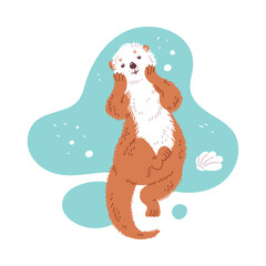 Vector illustration of cute cartoon sea otter, lovely swim in the river and smile, isolated on white background