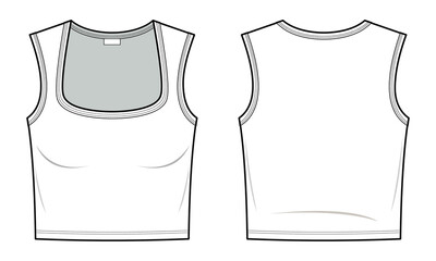 Basic Square Neck Crop Top technical fashion illustration.  Crop Top vector template illustration. front and back view. slim fit. ladies. white color. CAD mockup set.