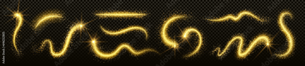 Poster fairy magic golden light trail with bright flash and star dust. realistic vector curve wave line wit