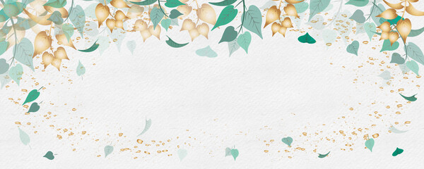 Golden botany banner Japanese.Abstract art background . Luxury minimal style wallpaper with lineart eucalyptus leaves, Gold foil texture, gold glitter, watercolor texture,luxurious foil texture .