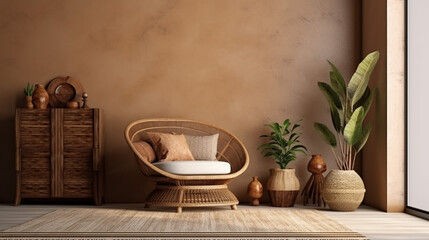 Fototapeta na wymiar Cozy home interior with wooden furniture on brown background. Generative AI