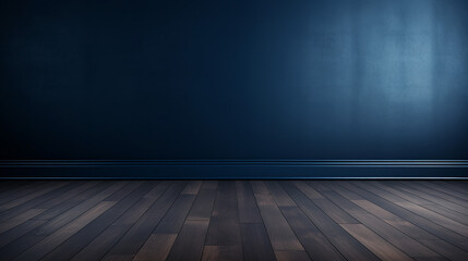Dark blue wall in an empty room with a wooden floor. Generative AI