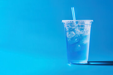 Blue drink in a plastic cup isolated on a blue background. Take away drinks concept with copy space