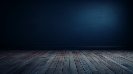Dark blue wall in an empty room with a wooden floor. Generative AI