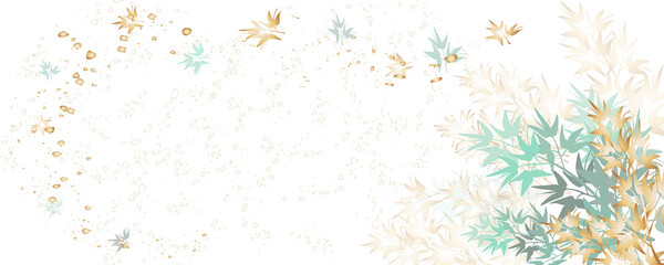 Golden botany banner Japanese.Abstract art background . Luxury minimal style wallpaper with lineart eucalyptus leaves, Gold foil texture, gold glitter, watercolor texture,luxurious foil texture .