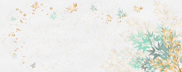 Golden botany banner Japanese.Abstract art background . Luxury minimal style wallpaper with lineart eucalyptus leaves, Gold foil texture, gold glitter, watercolor texture,luxurious foil texture .