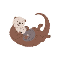 Mother otter hugging her baby lying on her stomach, flat vector isolated.
