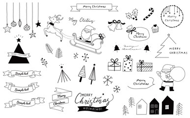 クリスマス白黒 かわいいサンタクロース シンプルな手描きの線画 ベクター