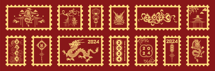 Happy chinese new year 2024 postage stamp set. The dragon zodiac sign with clouds, lantern, asian elements gold paper cut style on red background. Isolated vector illustration. 