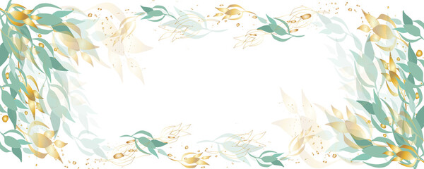 Golden botany banner Japanese.Abstract art background . Luxury minimal style wallpaper with lineart eucalyptus leaves, Gold foil texture, gold glitter, watercolor texture,luxurious foil texture .