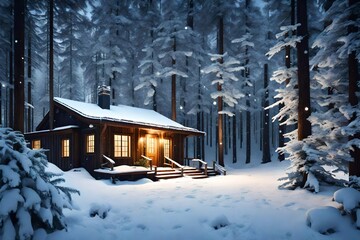 A cozy cabin in the woods, surrounded by towering pine trees dressed in white, as delicate snowflakes gently fall from the sky.  4k HD Ultra High quality photo. 
