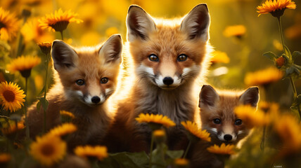 Mother fox with her cubs surrounded by flowers