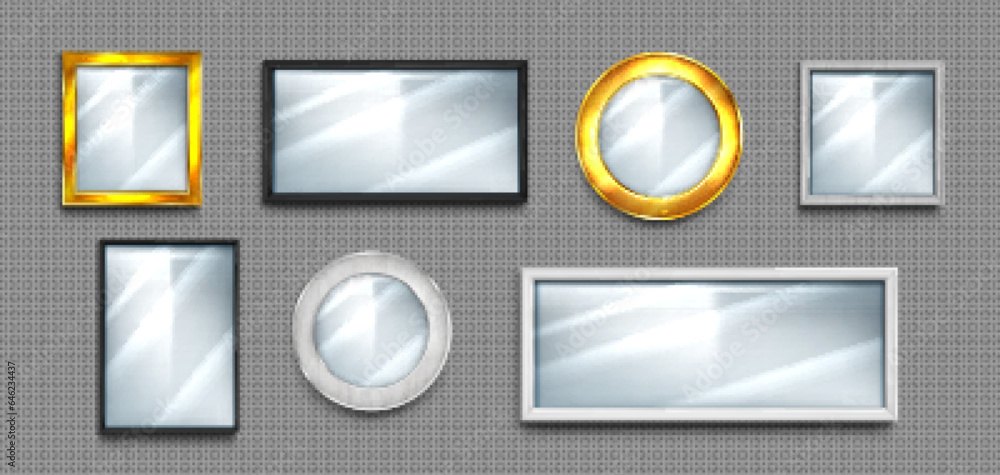 Poster 3d mirror glass round wall frame isolated vector. realistic light reflect on clear glossy surface ha