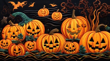 Embroidered Halloween background with pumpkins.