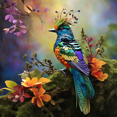 Obraz premium A colorful bird sits on a branch in the forest.ai generated
