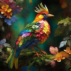 A colorful bird sits on a branch in the forest.ai generated