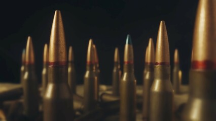 Rows of numerous rifle cartridges on a black background close up. The concept of firearms, shooting...