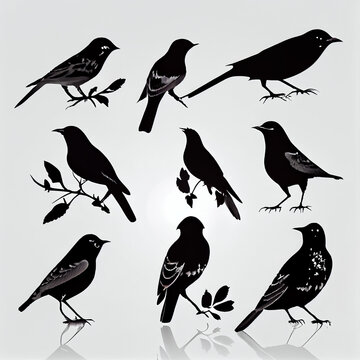 birds pattern, set of silhouettes of birds, solid white background, Ai generated image