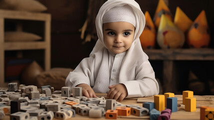 Cute Arabian baby playing educational colorful games at the table