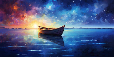 Lonely empty boat in the middle of the sea. Small fishing boat in the ocean. Beautiful Night Seascape with wooden boat. Landscape with a lake and a starry sky. Sky with stars. Boat on the water. Art