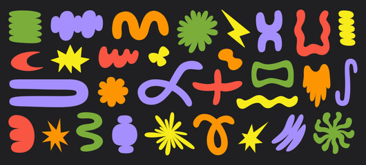 Abstract organic shapes with bright geometric cutting doodles. Trendy random shapes. Vector illustration