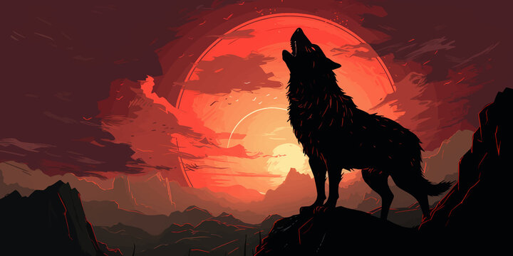 Wolf howling at the moon. Silhouette of Wolf in front of a full moon. Night. Forest. Wolf in the mountains at sunset. Werewolf. Silhouette of a black wolf on a red. Blood moon. Vector illustration