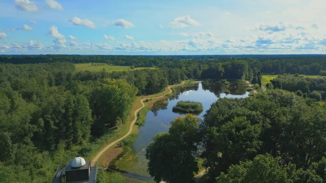Observatory next to lake in peaceful panorama landscape of Hamont Achel Belgium