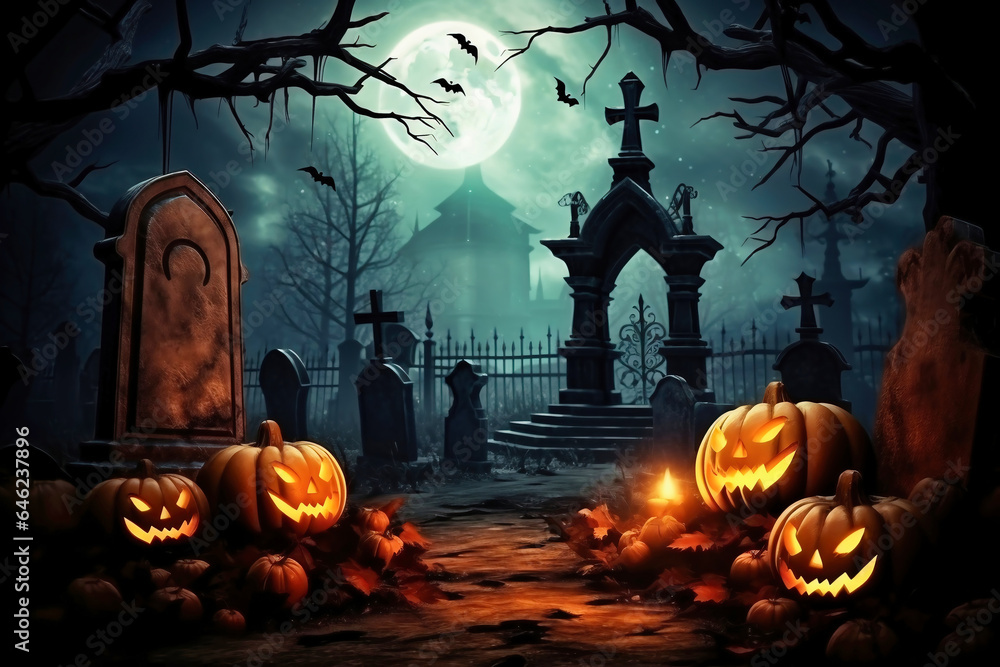 Wall mural halloween pumpkins near a tree in a cemetery with a scary house. halloween background at night fores