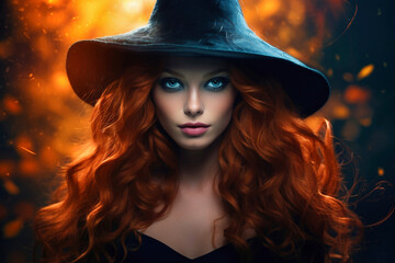 Red-haired woman or girl in a witch costume on a dark background. Halloween. Festive costume. The young girl was preparing for the holiday.