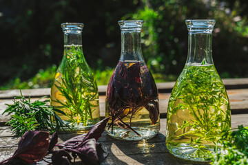 Vegetable oil in bottles on the table. Composition of bottles with rosemary and thyme oil. Fry the...