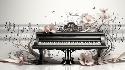 piano with music notes and symbols, digital illustration